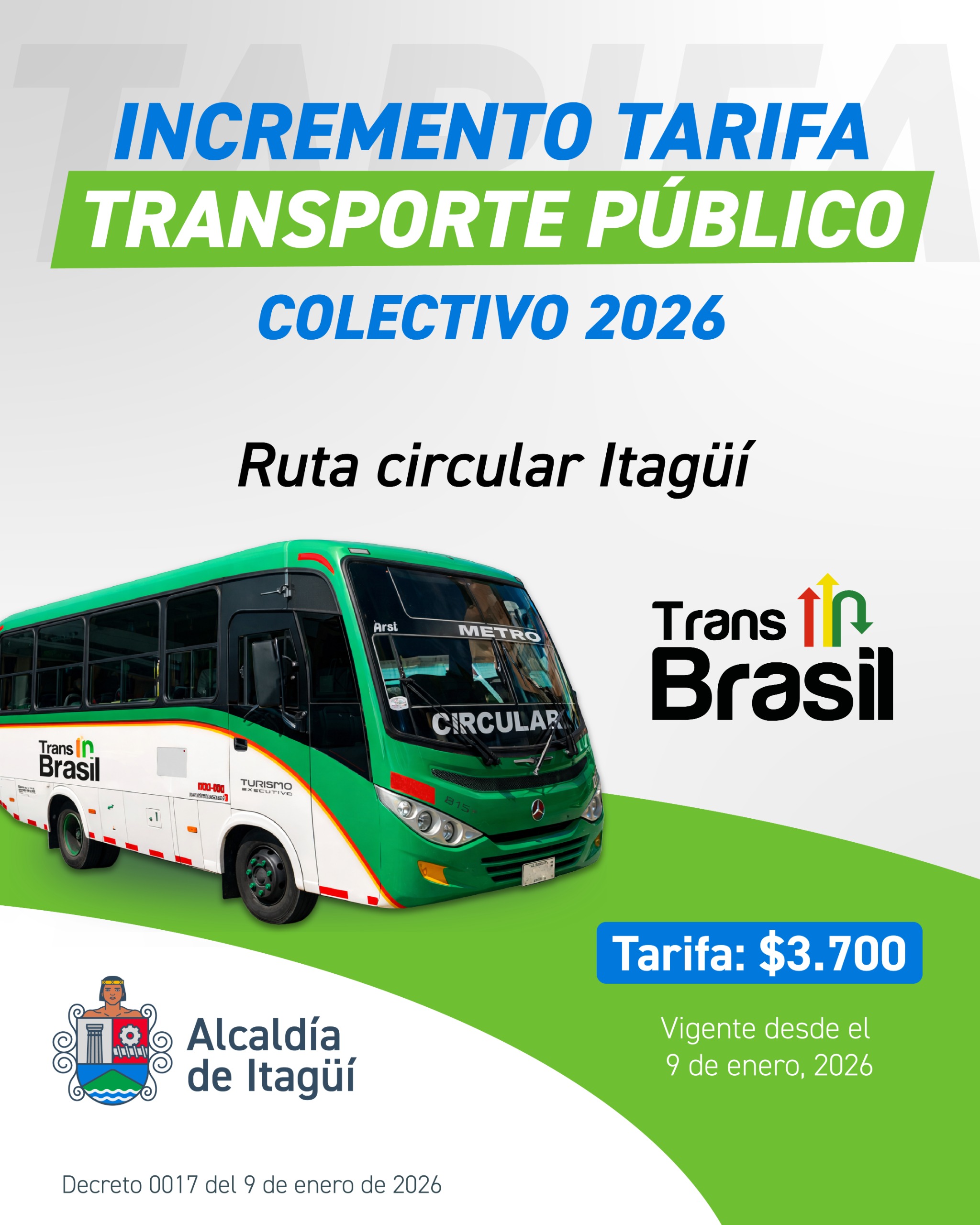 Incremento tarifa Transporte público colectivo 2026. Ruta Circular Itagüí