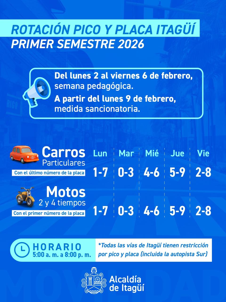 Información sobre el Pico y placa del primer semestre de 2026