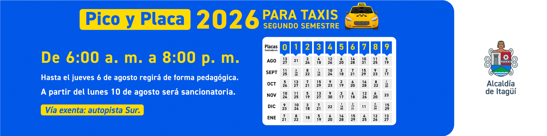 Pico y Placa TAXIS 2026 Segundo Semestre